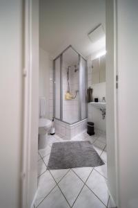 a bathroom with a shower and a toilet and a sink at GottwaldHaus-Freiberg-Apartment E in Freiberg +8 photos