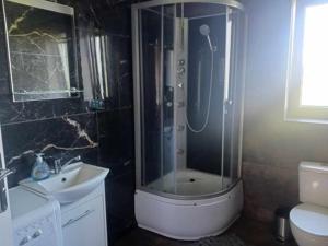 a bathroom with a shower and a sink and a toilet at Pokoje Noclegowe in Kowalów Dolny