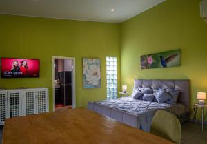 a bedroom with green walls with a bed and a flat screen tv at Finca Colibri in Boca Chica