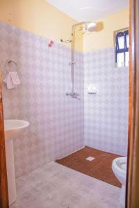 Un baño con ducha, inodoro y lavabo. en The Urbanite Apartments, en Kitengela 