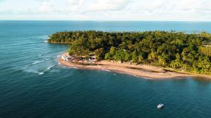 an island in the ocean with a boat in the water at Pousada Ponta da Baleia in Barra Grande