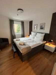 a bedroom with a large bed and a window at REMA Homes - 180x200 Bett Küche Bad 50'' TV Tiefgarage in Offenburg