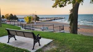 a bench in a park near the beach at Dreamcatcher Coast House in Essex +7 photos