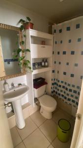 a bathroom with a white toilet and a sink at Departamento Centro Curicó in Curicó +34 photos