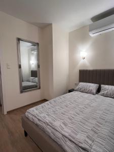 een slaapkamer met een bed en een grote spiegel bij Apartament 70 Metro in Warschau