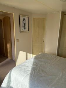 a bedroom with a bed and a picture on the wall at 46 Newport Caravan Park Award Shortlisted Family Caravan in Hemsby