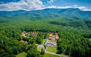an aerial view of a campus with mountains in the background at The Foxtail Lodge in Gatlinburg