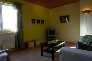 a living room with a couch and a tv at Le Mas De Saint-Ferréol Studio in Menglon