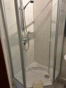 eine Dusche mit einer Glastür in einem Badezimmer in der Unterkunft Apartment Pahl in Wolfshagen