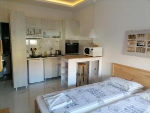 a bedroom with a bed and a small kitchen at Stojanović Apartments in Niš