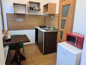 a small kitchen with a small table and a microwave at Vila Ris Piata Romana in Bucharest +84 photos
