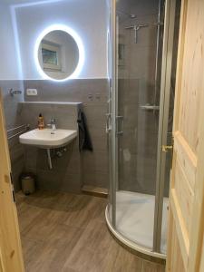 a bathroom with a shower and a sink at Jermerstein-Häuschen in Braunlage