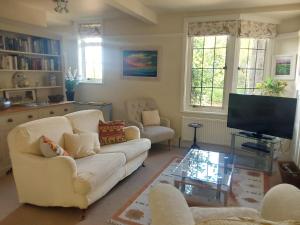 a living room with a white couch and a tv at Rock House Cottage in Exeter