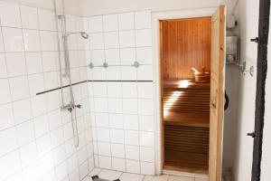 a bathroom with a walk in shower and a toilet at Romantic Villa in historic setting with lake view in Säffle