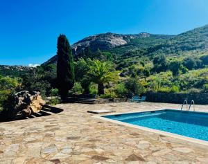 a swimming pool with a mountain in the background at Bergerie Ceccu in Calvi