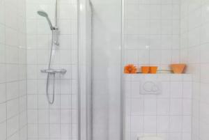 a bathroom with a shower with a glass door at Huis in de polder in Kamperland +21 photos