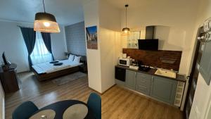 a small room with a kitchen and a bed in it at DD Studio Deluxe in Sibiu