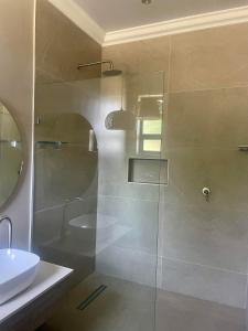 a bathroom with a glass shower and a sink at De Gunst Guest Farm in Malmesbury