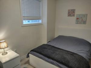 a small bedroom with a bed and a window at Basement Waterloo Near 24-7 Restraints in Waterloo