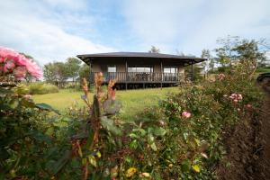 a house with a deck and flowers in front of it at Maunga Roa Eco Lodge in Hanga Roa
