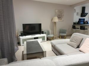 a living room with a white couch and a tv at Maison de charme avec jardin au bord de l'Eure in Le Vaudreuil