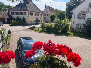 un coche azul estacionado en una entrada con flores rojas en Ferienwohnung am Bach Biberstüble, en Tengen 4 fotos más