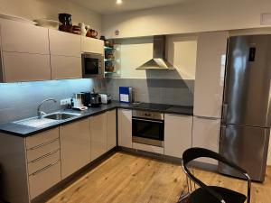 una cucina con armadi bianchi e frigorifero in acciaio inossidabile di Útulný apartmán v historickém centru města Písek a Písek