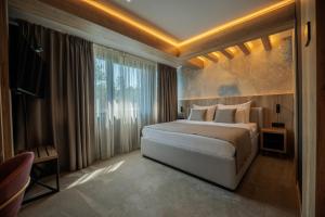 迪瓦伊巴雷HOTEL ROYAL MOUNTAIN的一间卧室，配有一张大床和一扇大窗户。