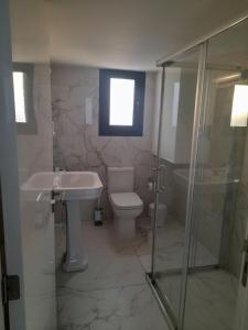 a bathroom with a toilet and a sink and a shower at Pomos rockaway beach house in Pomos +23 photos