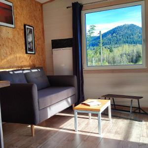 a living room with a couch and a large window at Chalet Notcimick in Raon-sur-Plaine +3 photos