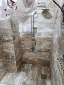 a bathroom with a shower with a stone wall at Pharana Residence in Alexandria +19 photos