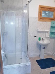 a bathroom with a shower and a sink at Békény Kulcsosház in Gheorgheni