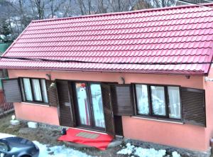 Pensiunea Lui Nea Nicu Lepsa في ليبسا: منزل صغير ذو سقف أحمر ونوافذ سوداء