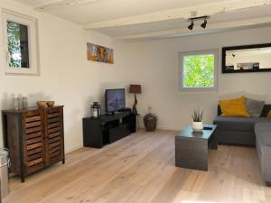 a living room with a couch and a tv at Amelie - petite maison alsacienne in Blotzheim