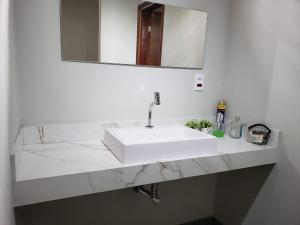 a bathroom with a white sink and a mirror at Casa na Pousada Hortelã Pimenta in Itirapina