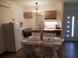 a kitchen with a table and chairs and a refrigerator at HIŠA MANDRE in Mandre