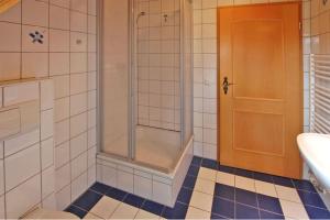 a bathroom with a shower and a toilet and a sink at Wunderschöne Ferienwohnung mit Seeblick in Rechlin +12 photos