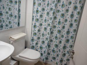 a bathroom with a toilet and a shower curtain at Los Andes familiar y tranquilo in Los Andes +11 photos