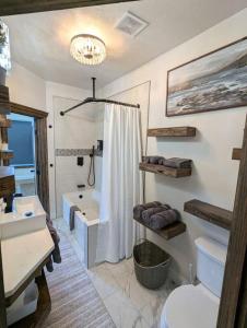 a bathroom with a shower and a sink and a toilet at Willis Country Cabins- Couples Suite -#4 in Point