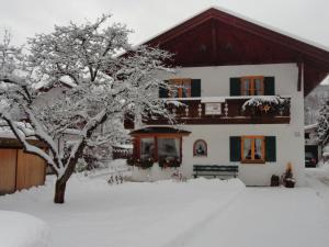 dom pokryty śniegiem z drzewem przed nim w obiekcie Ferienhaus Bergfreund w mieście Mittenwald