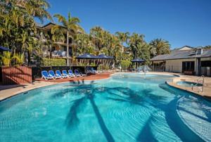 a large swimming pool with blue chairs and palm trees at Turtle Beach Tropical Bliss in Gold Coast