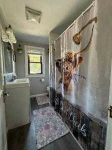 a bathroom with a picture of a cow on the shower curtain at Spacious Relaxing Baltimore Home with Hot Tub in Baltimore +38 photos