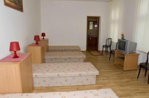 a hotel room with two beds and a television at Hyde Park Hostel in Bratislava