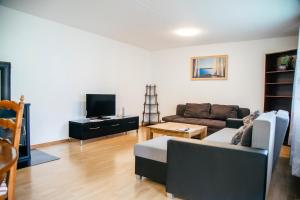 a living room with a couch and a tv at Between Lakes Apartments - 58 in Interlaken