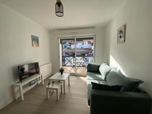a living room with a couch and a tv at Cambo-les-Bains T2 avec piscine et WiFi, cosy pour 2 personnes - FR-1-495-143 in Cambo-les-Bains