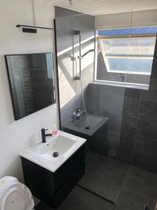 a bathroom with a sink and a shower and a mirror at Emmas hus i Skagen in Skagen