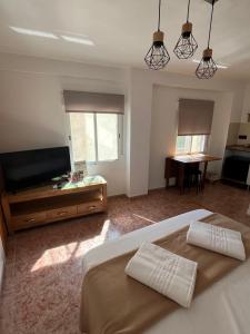 a bedroom with a bed and a flat screen tv at Júcar Wine House in Alcalá del Júcar +10 photos