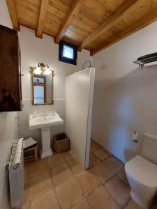 a bathroom with a sink and a toilet and a mirror at Casa rural La Casaca en plena sierra de Gredos in Los Narros +34 photos