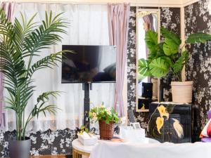 a living room with potted plants and a tv at Shinjuku, 3min walk from Nishi-Shinjuku 5-chome Sta, 3min Shinjuku Sta Switch, Wi-Fi ,Pocketwi-Fi in Tokyo