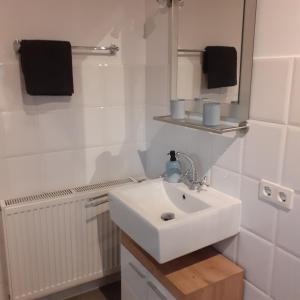 a bathroom with a white sink and a mirror at Ferienwohnung Birke in Papenburg +18 photos